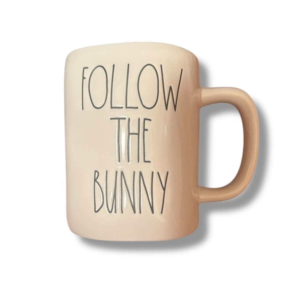 Rae Dunn Cream Mug with 'Follow the Bunny' Text double sided DS